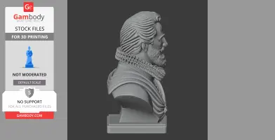3D printed bust of a historical figure with detailed beard and ruffled collar, side profile view.