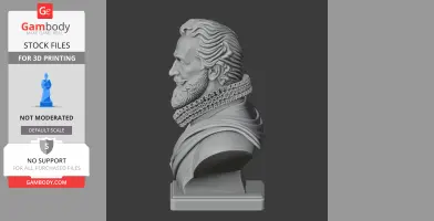 3D printed bust of a bearded man with detailed ruffled collar on a pedestal, side profile view.