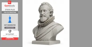 Bust of a historical figure with a ruffled collar, detailed beard, and textured clothing.