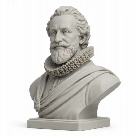 Bust of a bearded man with a ruffled collar and draped garments, displayed on a square base.