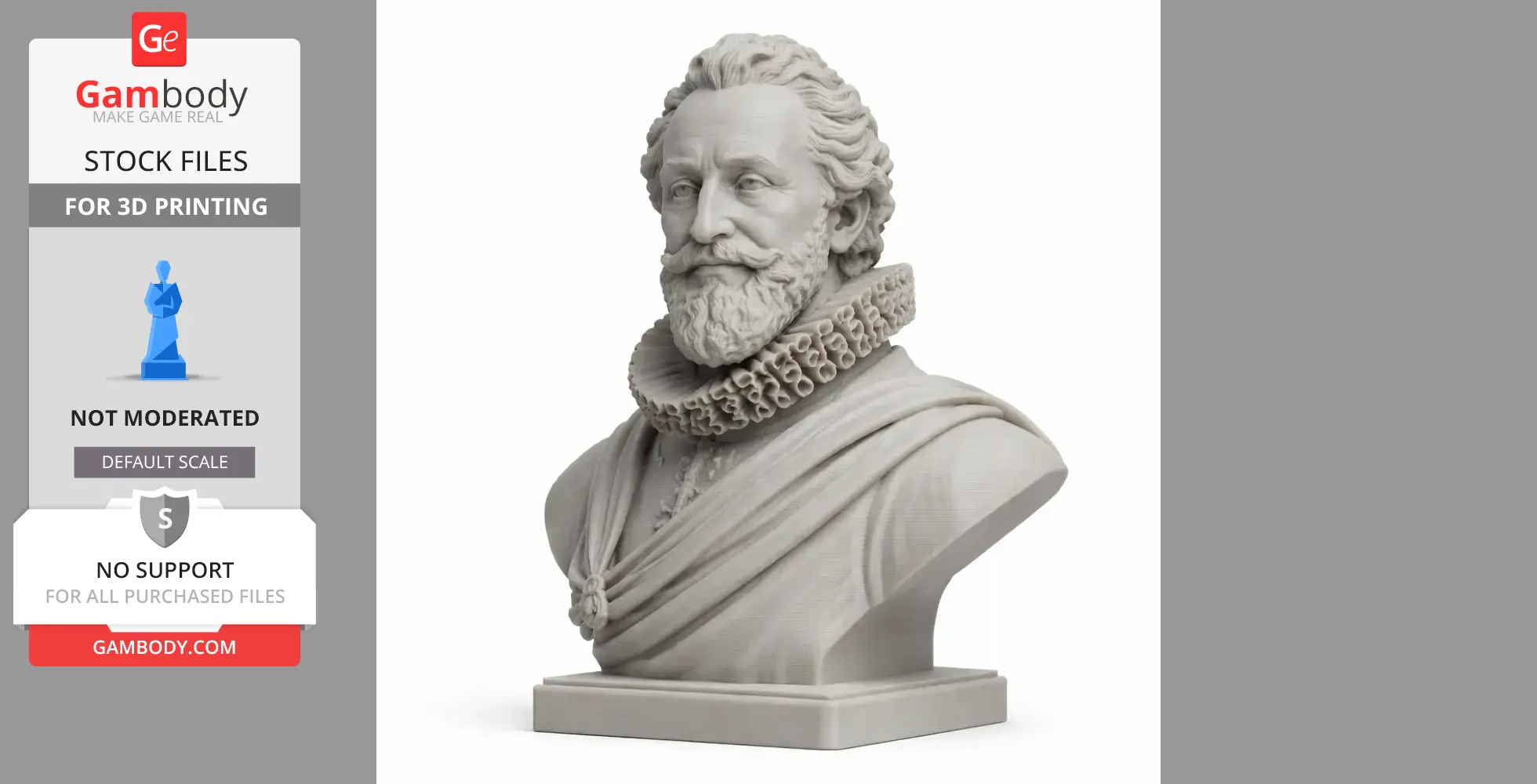 Bust of a historical figure with a ruffled collar, detailed beard, and textured clothing.