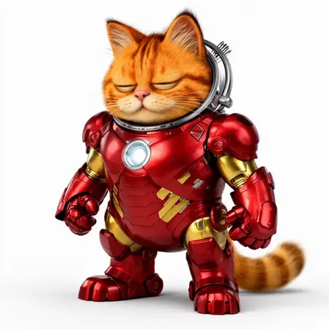A cat resembling Garfield in an Iron Man suit with a closed-eye expression.