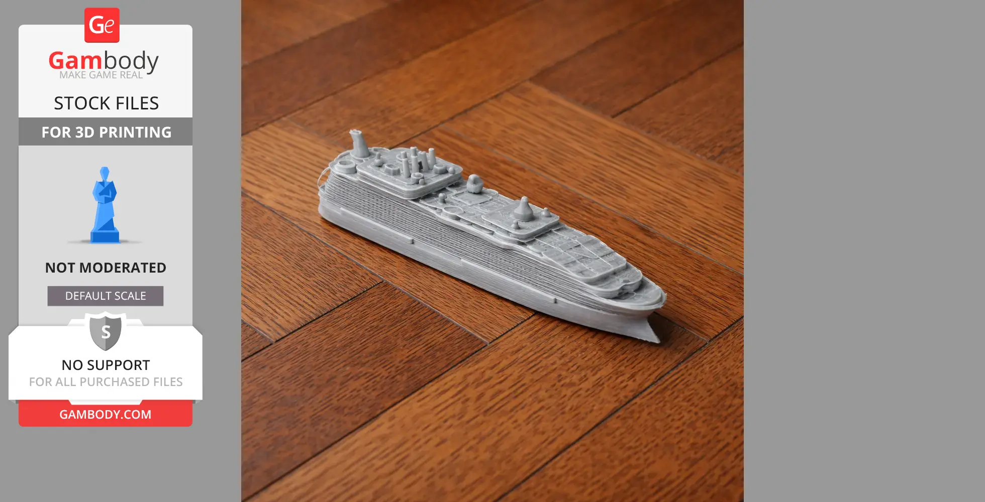 A small 3D-printed model of a cruise ship on a wooden floor.