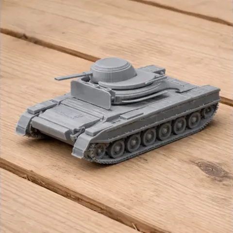 Detailed 3D-printed model of a tank with turret and tracks on a wooden surface.