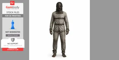 Grim figure in straightjacket and restraints, messy hair, eerie expression, designed for 3D printing.