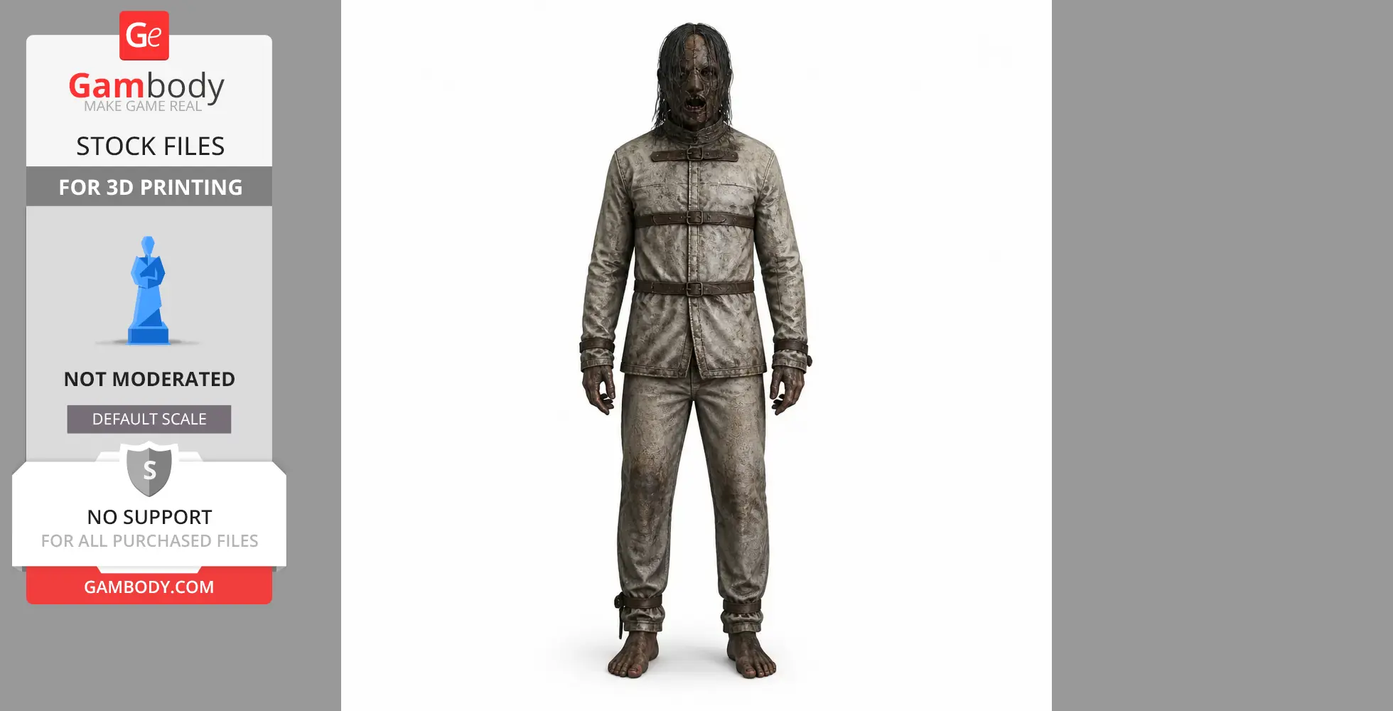 Grim figure in straightjacket and restraints, messy hair, eerie expression, designed for 3D printing.