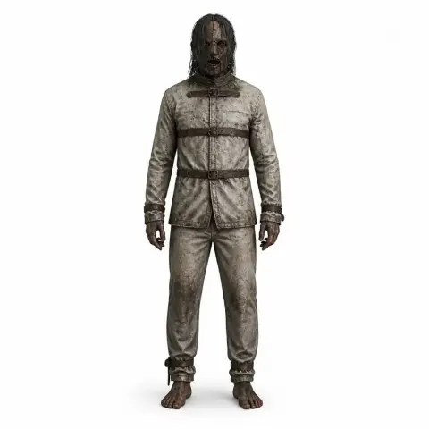 Creepy figure in a tattered straightjacket with long hair, standing barefoot.