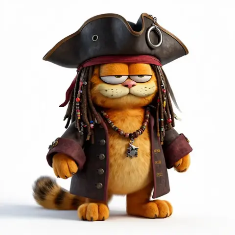 Garfield dressed as a pirate, wearing a tricorn hat, dreadlocks, coat, and beaded necklace.