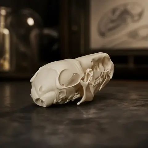 3D-printed model of a common shrew skull on a dark surface.