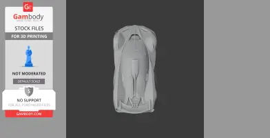 Top view of a sleek, detailed 3D model car design for printing, against a dark background.