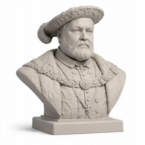 Bust of a bearded man in ornate, historical attire and a hat, on a square base.