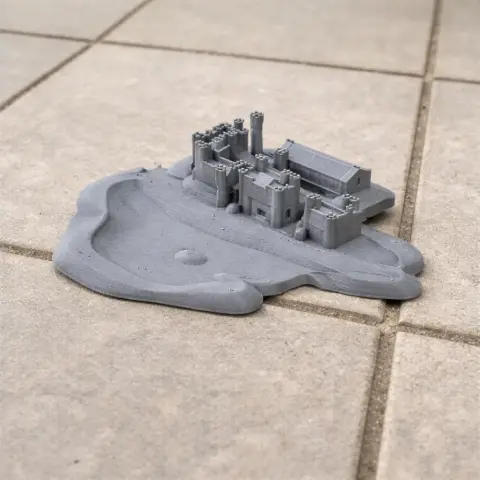 Miniature gray 3D-printed castle model with towers and walls on a tiled surface.