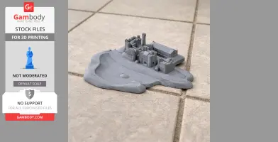 Grey 3D-printed model of Augill Castle on a tiled surface.