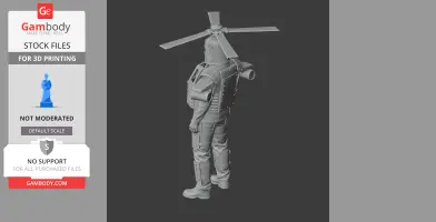 3D model of a humanoid figure with helicopter rotor blades on its head, wearing armor.
