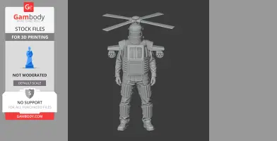 A humanoid figure with helicopter features, including rotors and armored plating, designed for 3D printing.