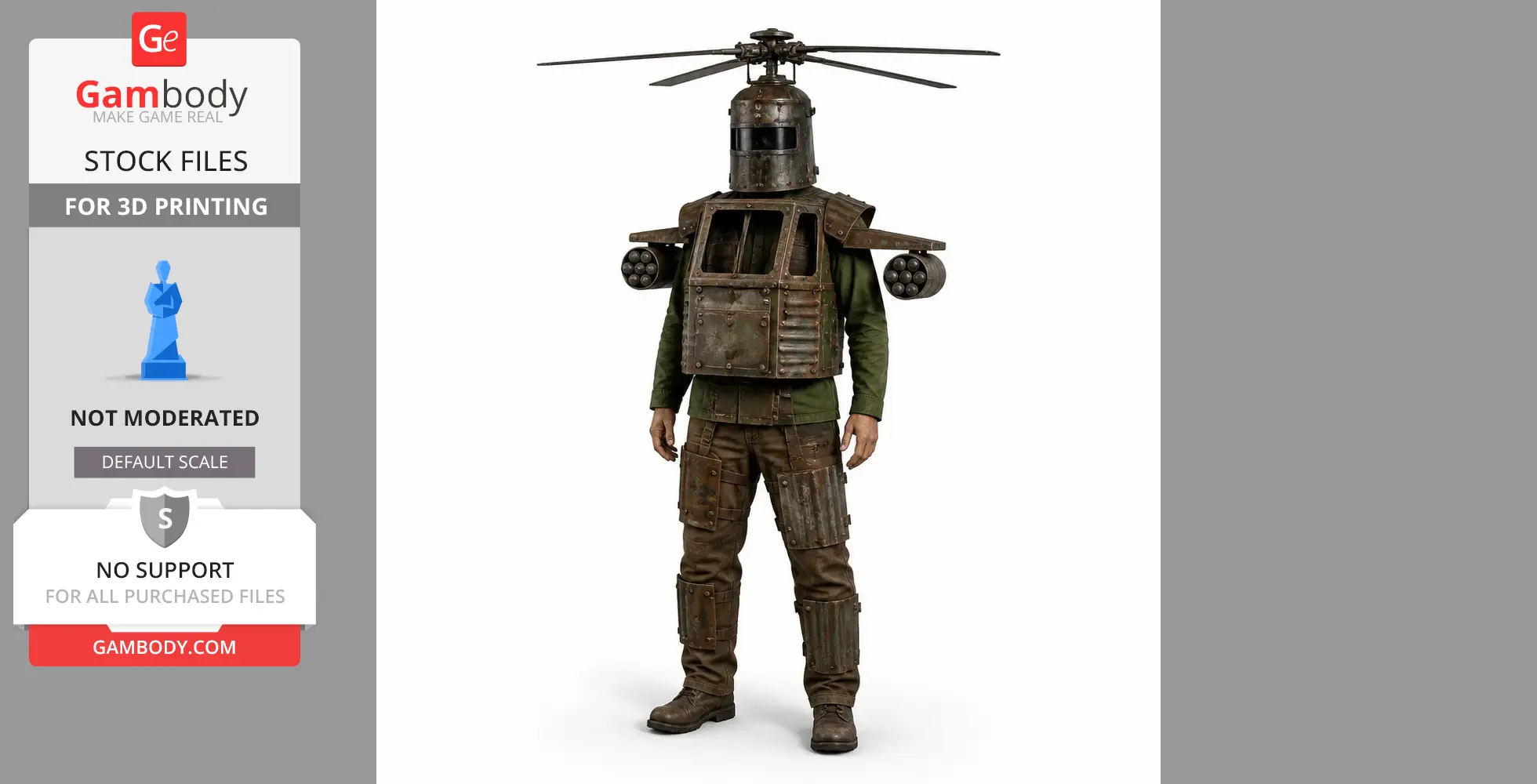 A person in military gear with a helicopter head and arm missiles, designed for 3D printing.