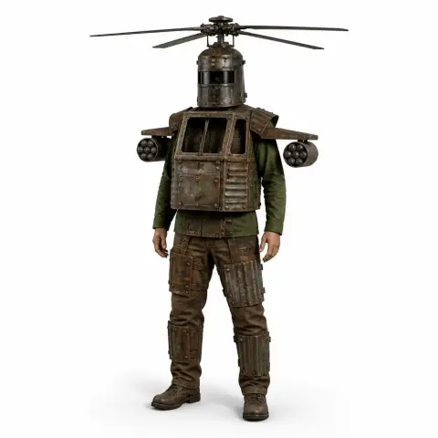 A human figure wearing a helicopter-themed costume with rotors on the head and missile pods on shoulders.