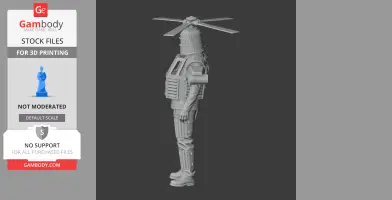 A humanoid figure with helicopter rotor blades as a helmet, wearing armor with mechanical details.