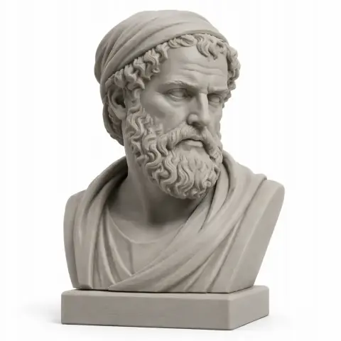 Bust of an ancient warrior with a beard, wearing a headscarf and draped clothing, on a rectangular base.