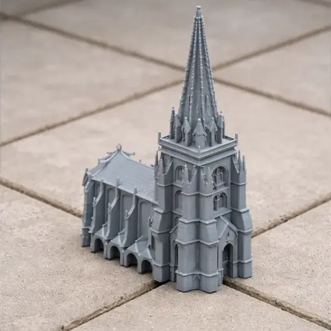 Detailed gray 3D printed model of a cathedral with a tall spire and arched windows.