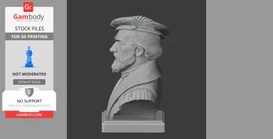 3D printed bust of a historical figure with a feathered hat and detailed beard, in profile view on a base.