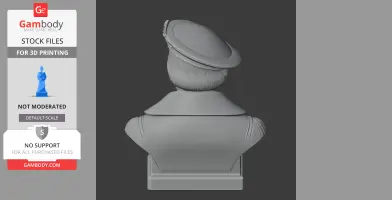 Rear view of a 3D printed bust with a hat and collared garment, designed for 3D printing.