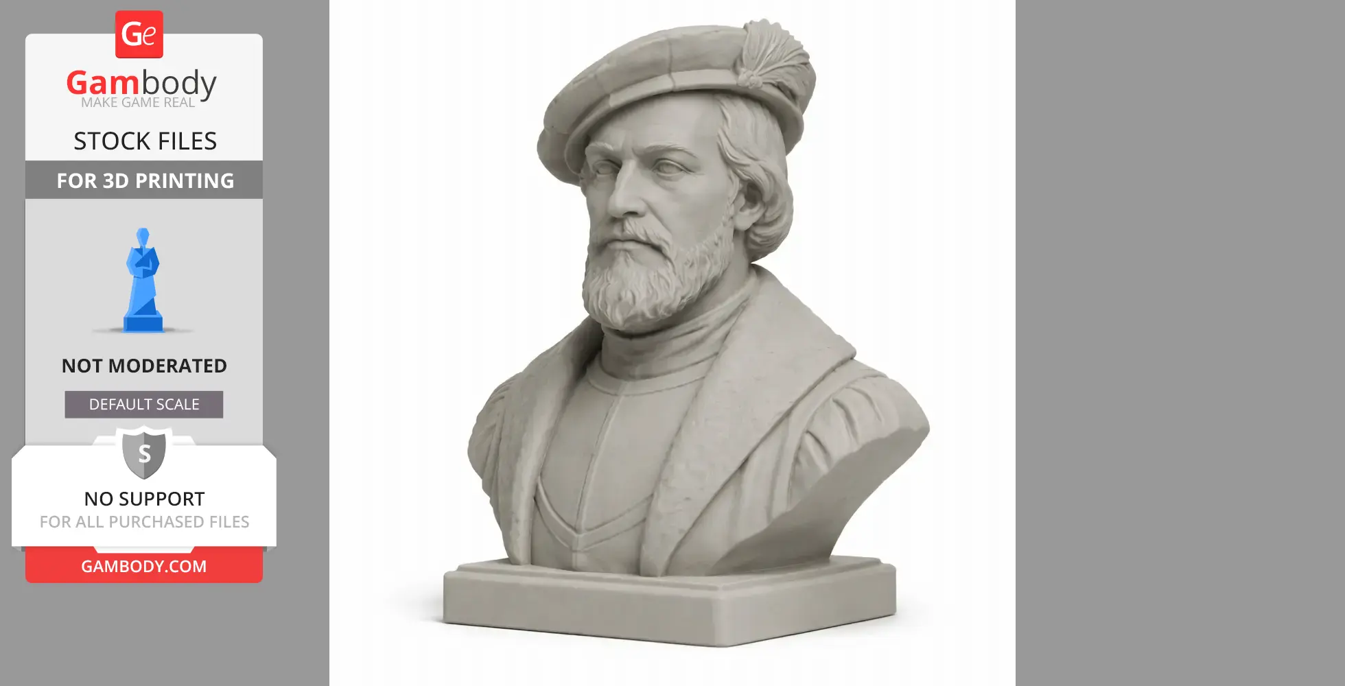 Bust of a historical warrior in Renaissance attire with a feathered cap, designed for 3D printing.