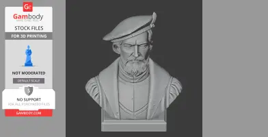 3D printed bust of a historical warrior, wearing a hat and detailed clothing, on a display stand.