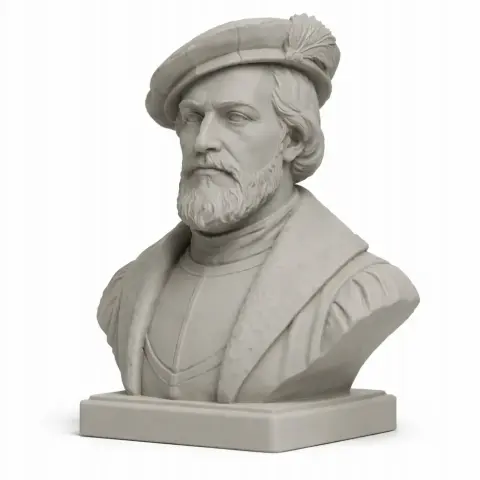 A detailed bust of a historical warrior in period clothing and a beret, designed for 3D printing.