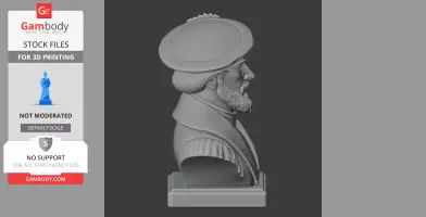 3D-printed bust of a historical warrior wearing a hat and armor, shown in profile view.