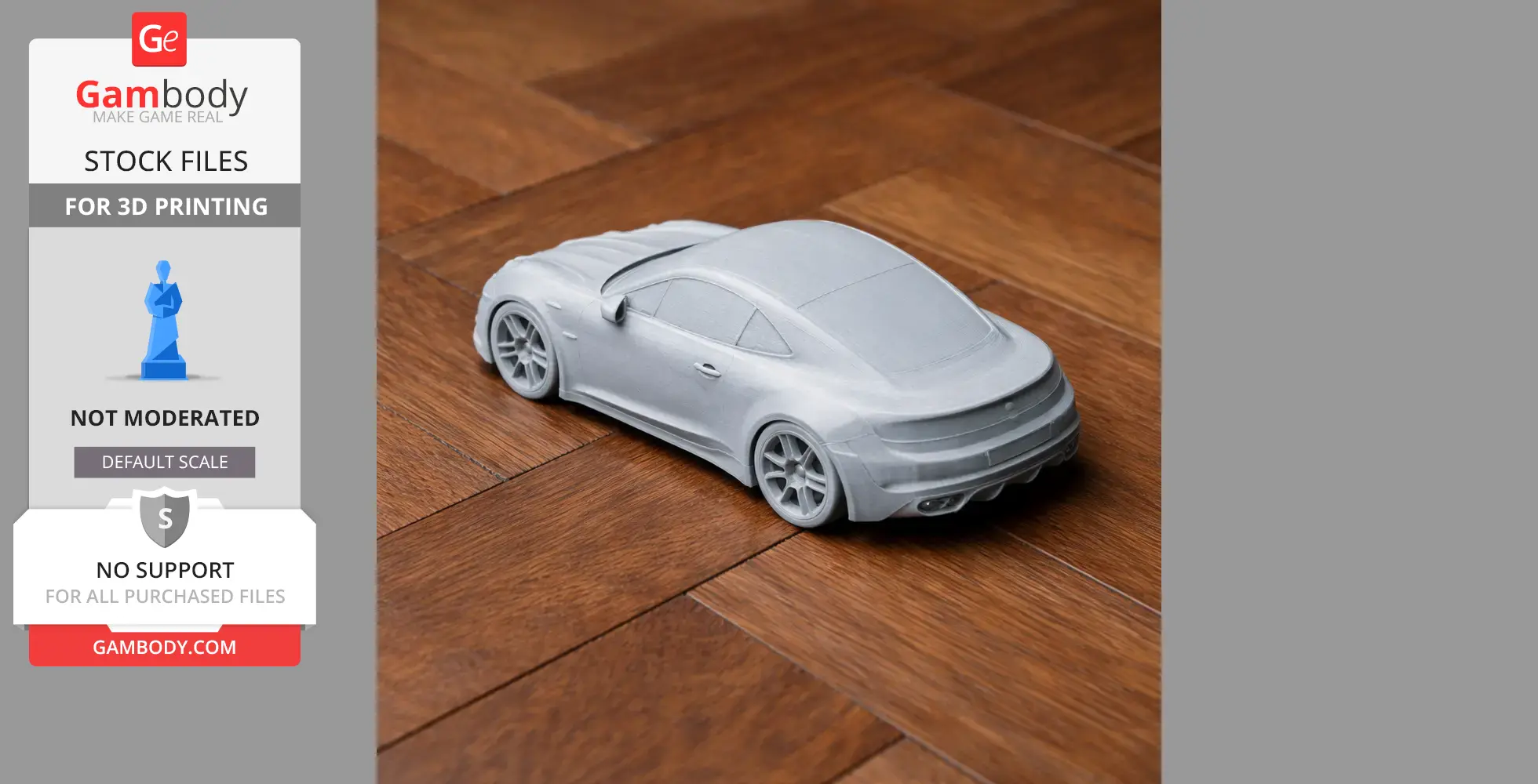 A 3D printed scale model of an Alpine A110 (2017) on a wooden floor.