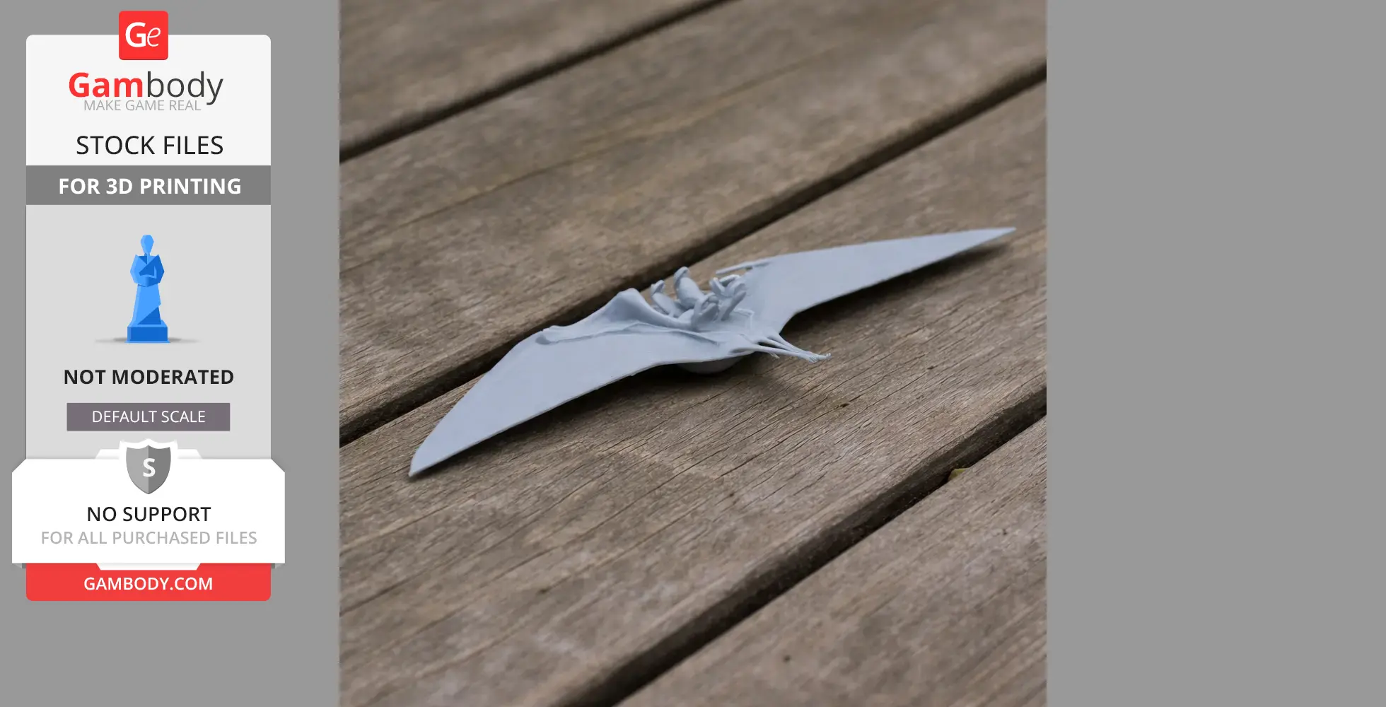 A 3D printed model of an Ornithocheirus, a prehistoric flying reptile, displayed on a wooden surface.