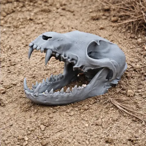 A detailed 3D-printed Corsac fox skull replica displayed on sandy ground.