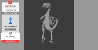 3D model of Ornitholestes dinosaur, standing on two legs with an open mouth and detailed texture.