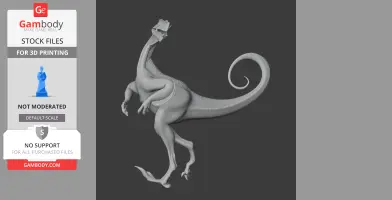 A 3D model of an Ornitholestes dinosaur with a curled tail, designed for 3D printing.