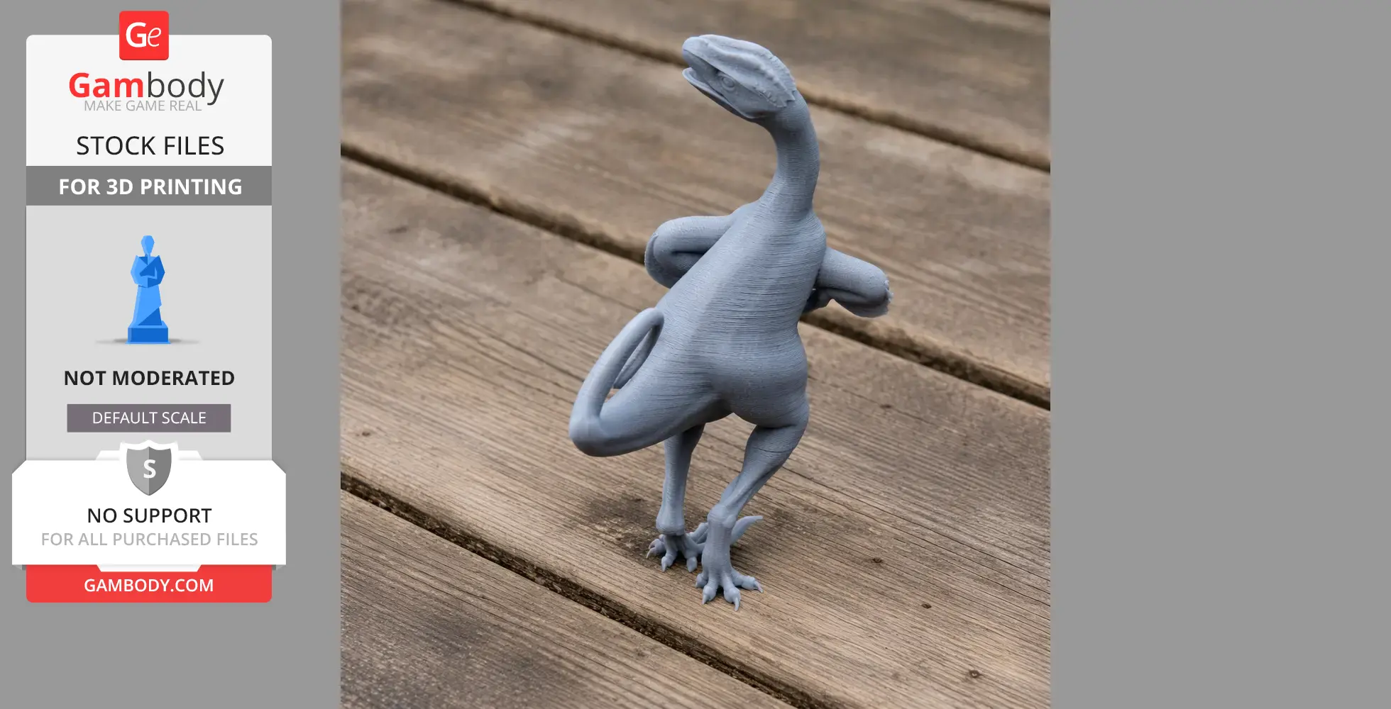 Gray 3D-printed Ornitholestes model standing on a wooden surface, showcasing dinosaur features.