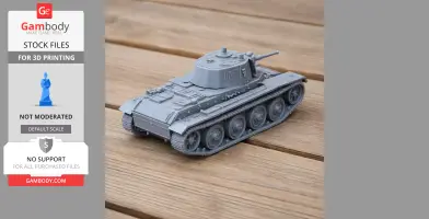 Gray 3D-printed model of a BT tank on a wooden surface, displayed for 3D printing.