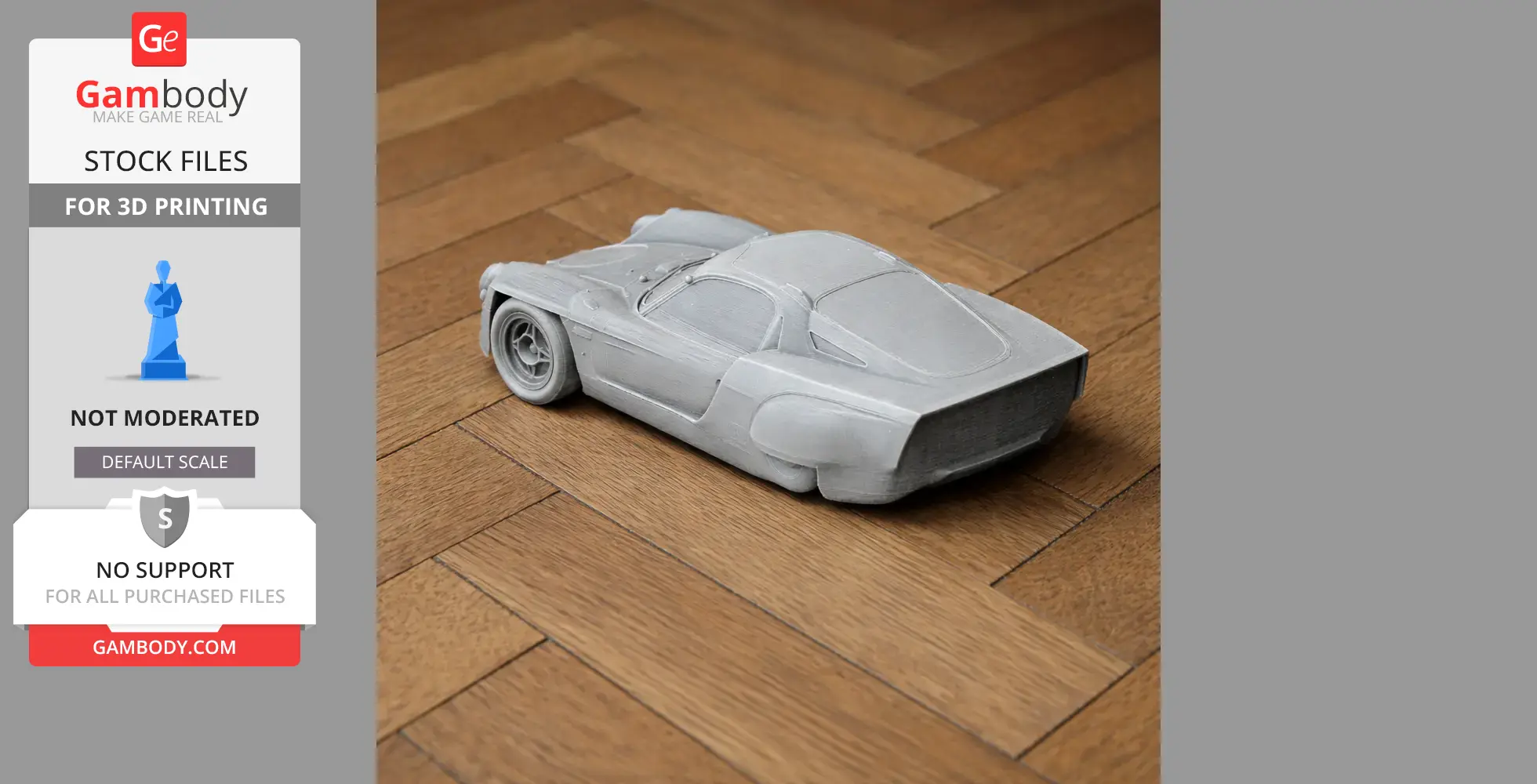 Gray 3D-printed model of a vintage race car, resembling the Alpine A220, on a wooden floor.
