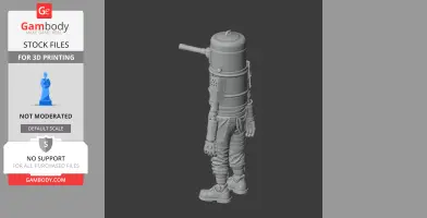 Figurine of a humanoid wearing armor with a barrel turret head, detailed for 3D printing.