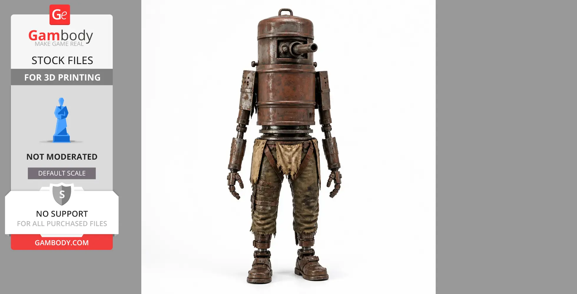 Rustic humanoid turret figure with a cylindrical head and mechanical limbs, wearing tattered pants.