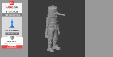 3D model of a humanoid auto turret with a barrel-shaped head and mechanical limbs.