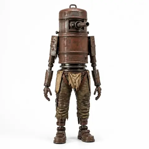 A humanoid robot with a barrel-like torso and makeshift armor stands upright.