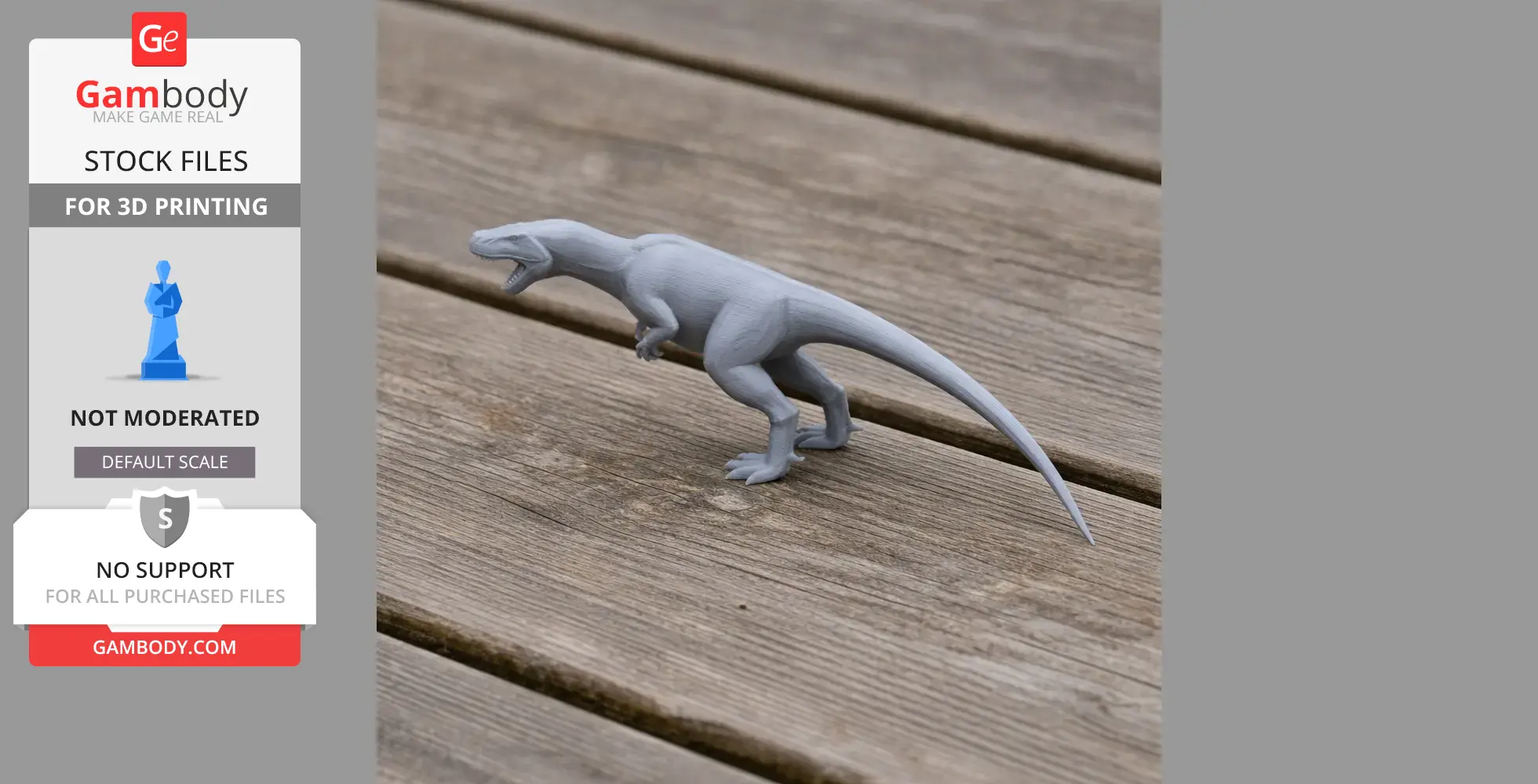 3D printed Ornithomimoides dinosaur model on wooden surface.