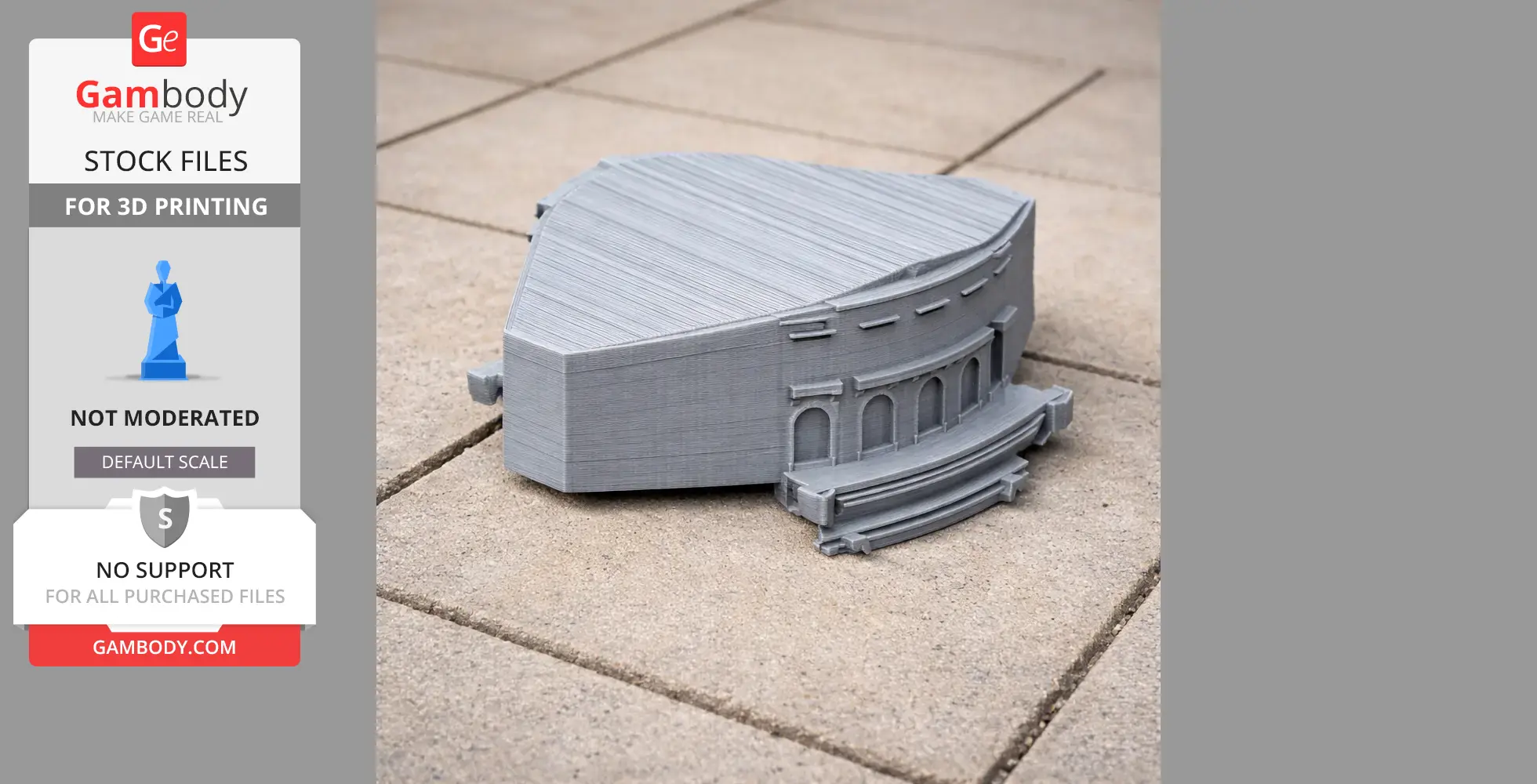 3D-printed architectural model resembling a curved building facade on tiled ground.