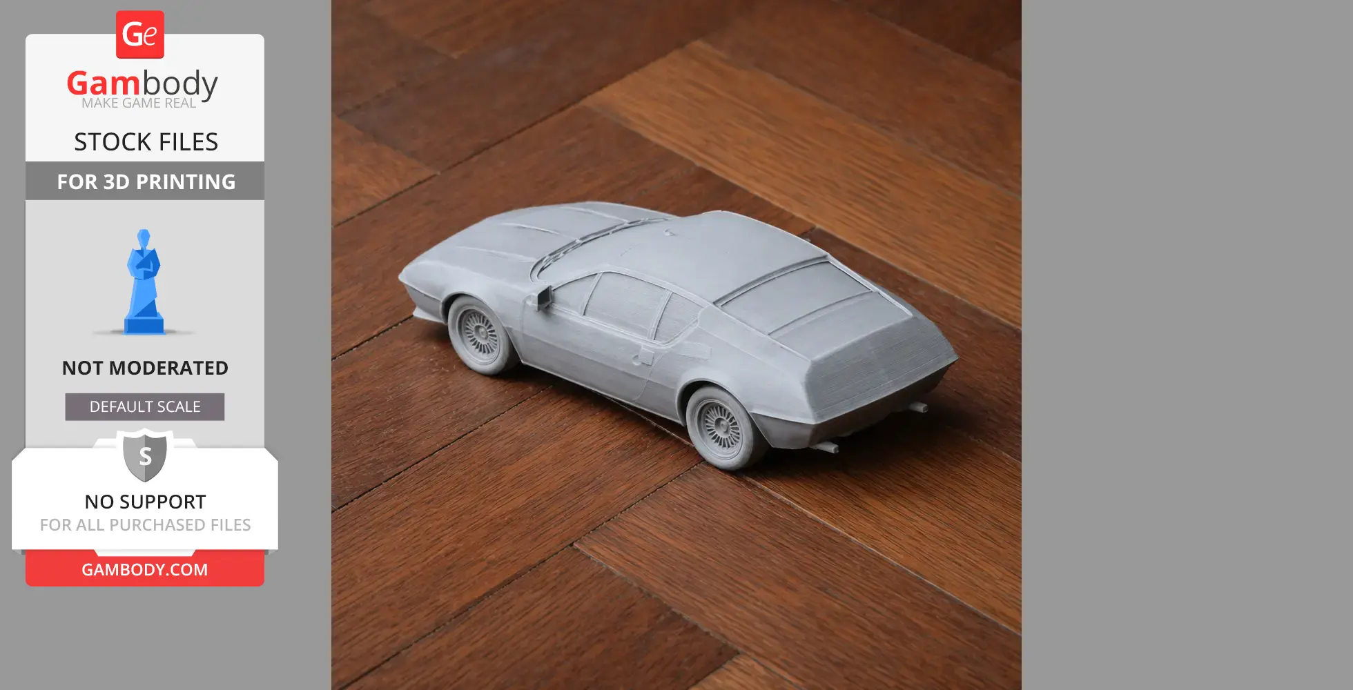 3D printed model of an Alpine A310 car on a wooden floor.