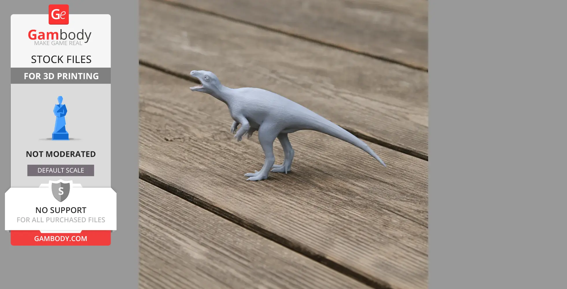 Gray 3D-printed model of an Orodromeus dinosaur on a wooden surface.