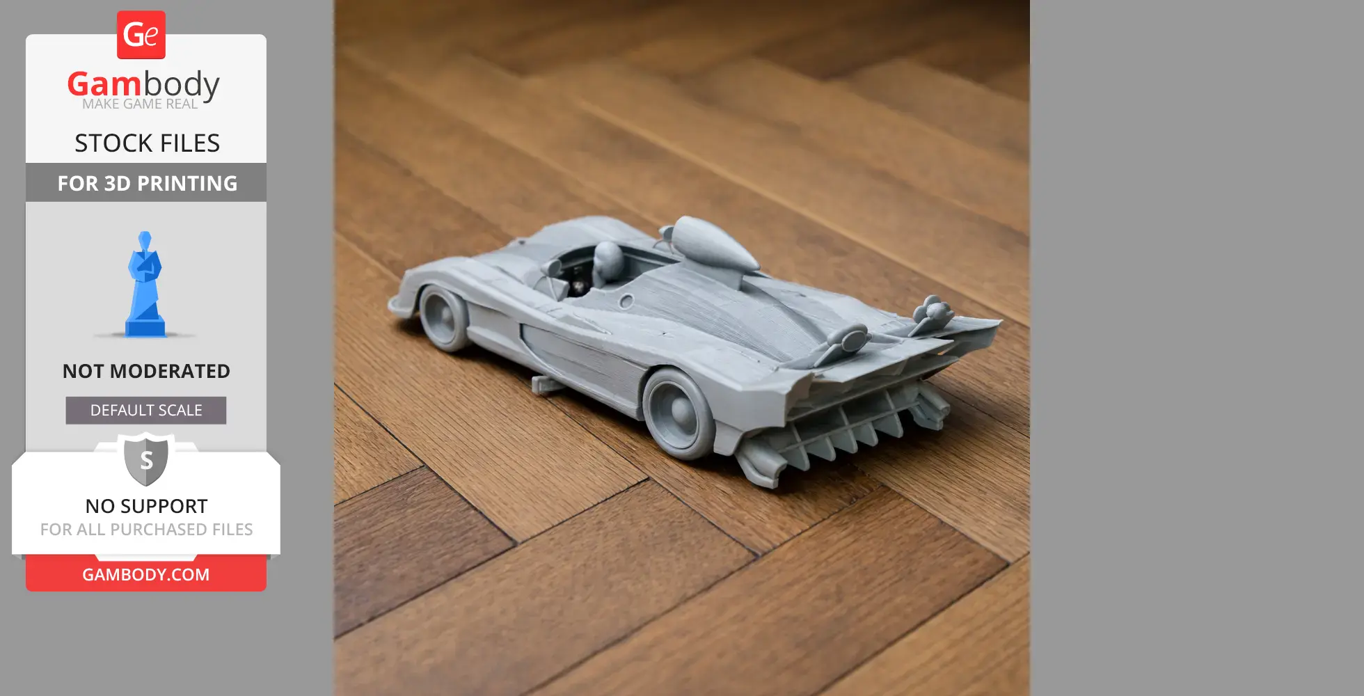 3D-printed scale model of the Alpine A441 race car on a wooden floor.