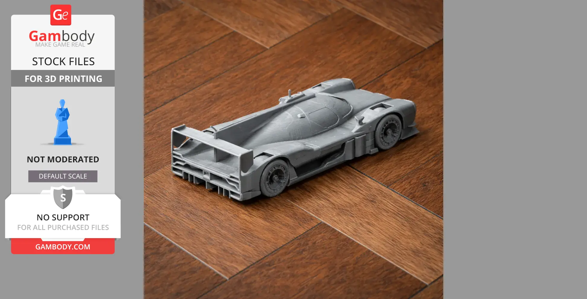 Gray 3D-printed model of a sleek, aerodynamic race car on a wooden surface.