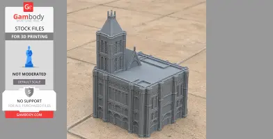 A detailed 3D printed model of the Basilica of Saint-Denis with a prominent tower and gothic architecture.