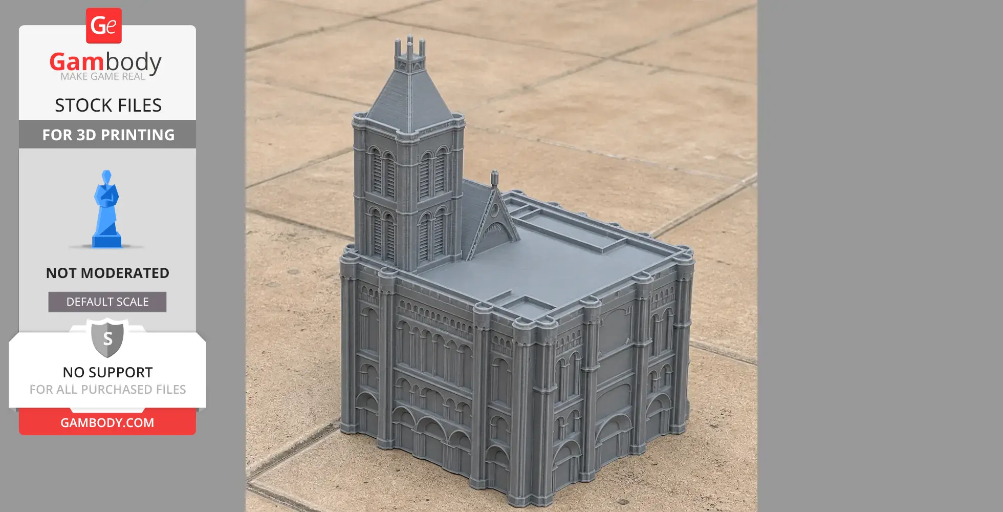 A detailed 3D printed model of the Basilica of Saint-Denis with a prominent tower and gothic architecture.